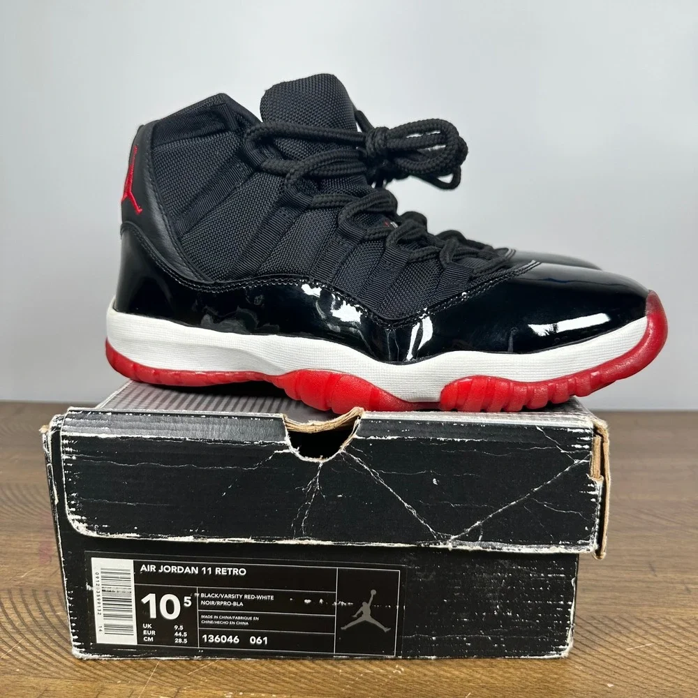 Jordan XI Bred Shoes Mens 10.5 Black Red 11 Retro Patent Leather 2001 Box + Card